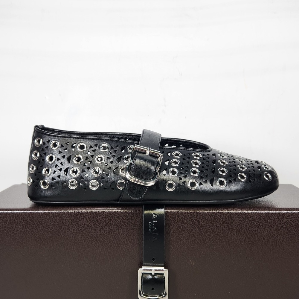 Alaia Ballet Flats Womens Size 37 Noir Black Vienne Lambskin Eyelet Mary Jane